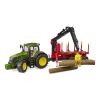 Bruder John Deere 7R 350 Traktor mit Heckanhänger und 4 Baumstämmen