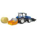 Bruder New Holland T5.120 mit Frontlader, Ladekasten, Gabeln und Rundballen