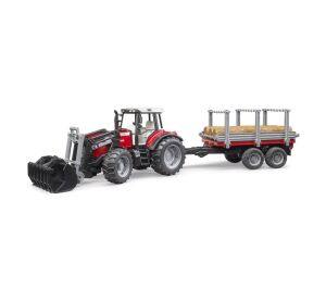 Bruder Massey Ferguson 7480 Traktor mit Frontlader und Holzträger