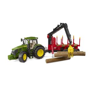 Bruder John Deere 7R 350 Traktor mit Heckanhänger und 4 Baumstämmen
