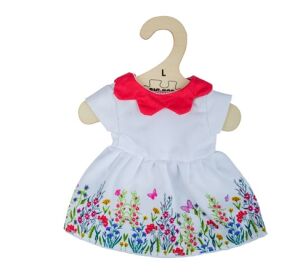 Bigjigs Toys Weißes geblümtes Kleid mit rotem Kragen für Puppe 38 cm