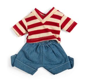 Bigjigs Toys Jeansshorts und rot-weiß gestreiftes Shirt für Puppe 28 cm