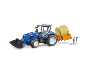 Bruder New Holland T5.120 mit Frontlader, Ladekasten, Gabeln und Rundballen