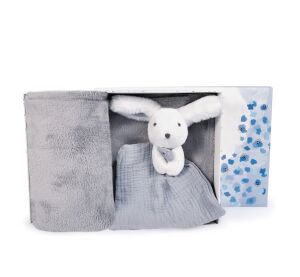Doudou Happy Rabbit Geschenkset Decke und blau-grauer Snood