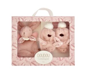Doudou Geschenkset rosa Plüschhase und Schuhe