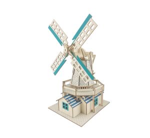 Woodcraft Hölzernes 3D puzzle Holländische Windmühle blau