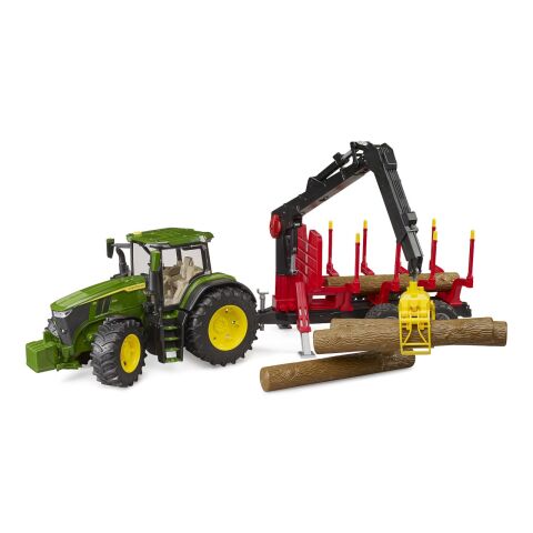 Bruder John Deere 7R 350 Traktor mit Heckanhänger und 4 Baumstämmen