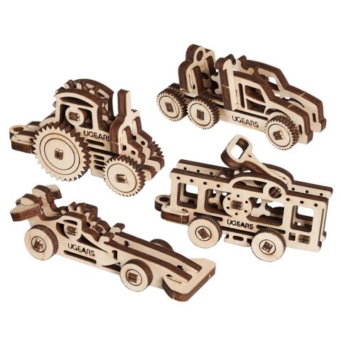 Ugears Mechanisches 3D-Holzpuzzle 4 mechanische Anhänger Fahrzeuge