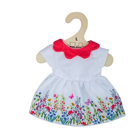 Bigjigs Toys Weißes geblümtes Kleid mit rotem Kragen für Puppe 38 cm