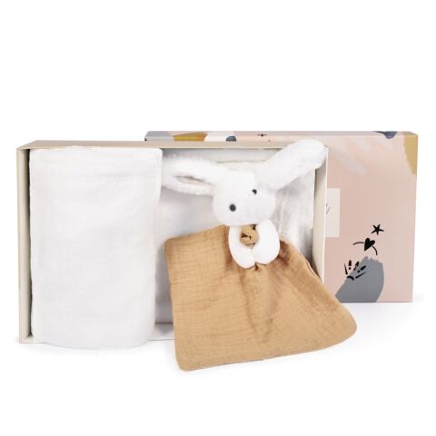 Doudou Happy Rabbit Geschenkset mit einem Schal und einem beigen Schlafanzug
