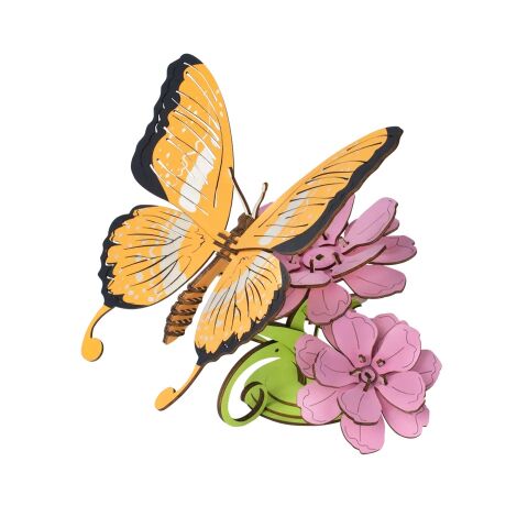 Woodcraft 3D-Holzpuzzle Schmetterling auf bunten Blumen