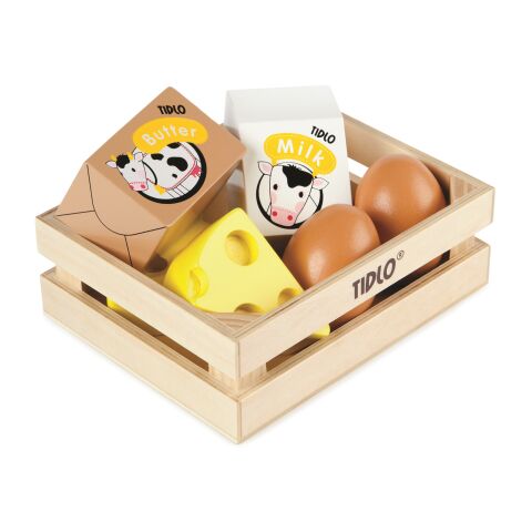 Tidlo Holzkiste mit Molkereiprodukten und Eiern