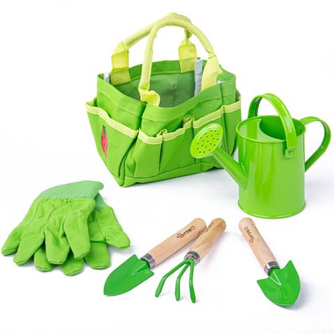Bigjigs Toys Gartengeräte-Set in Segeltuchtasche grün